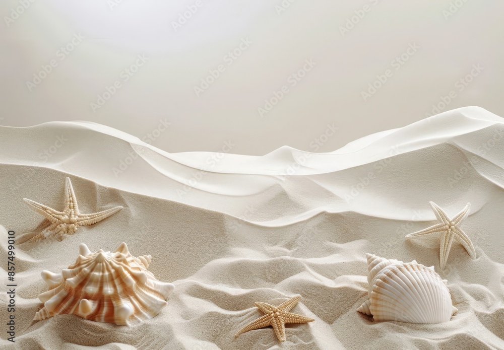 Beach Vacation Scene with Sand Castle, Sea Shells and Starfish Beach Vacation Scene with Sand Castle, Sea Shells and Starfish