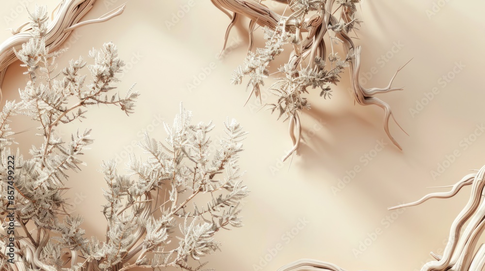 Naklejka premium Neutral beige background for cosmetics, with juniper and wood composition