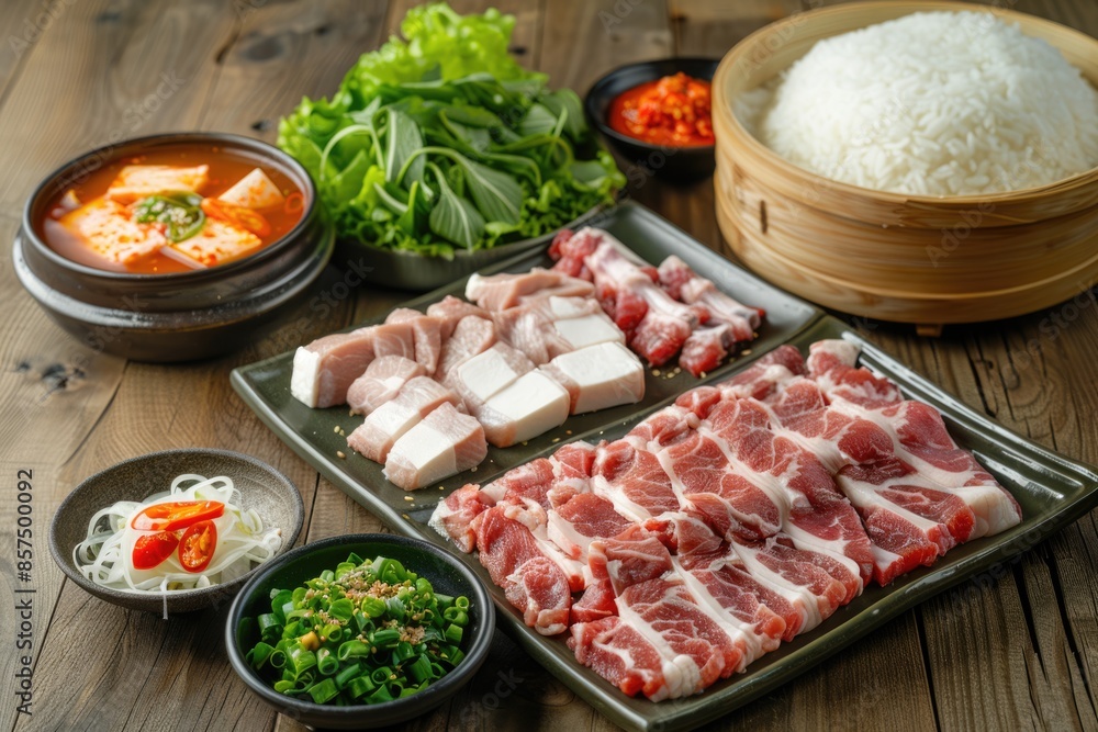 Korean BBQ set with beef pork and sides. Korean BBQ set with beef pork and sides.