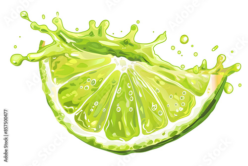Fresh ripe slice of lime fruit with juice splash, isolated illustration on transparent background. Healthy food and tropical fruit drink, splashing fruit beverage liquid. PNG, cutout. © AnaWein