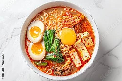 Korean Ramen Kimchi soup with tofu  vegetables  egg  and Kimchi. photo