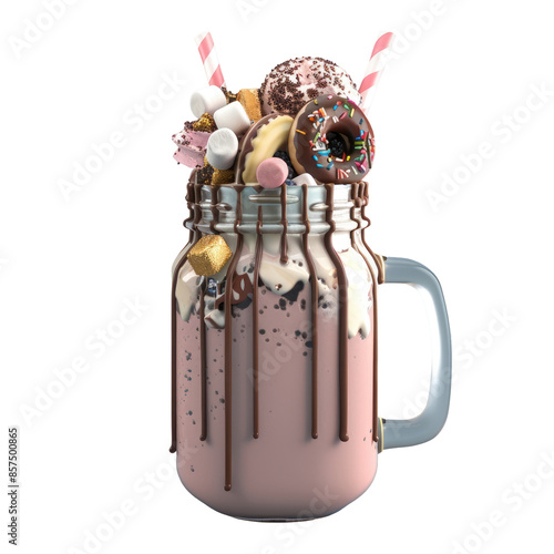 Extreme Milkshake with Chocolate, Donuts, Marshmallows, and Sweets in a Mason Jar - Isolated on transparent background photo