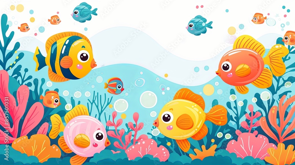 This image features several cute, cartoonish fish with large eyes and vivid colors swimming joyfully in a vibrant coral reef, surrounded by various marine plants and bubbles. This image features several cute, cartoonish fish with large eyes and vivid colors swimming joyfully in a vibrant coral reef, surrounded by various marine plants and bubbles.