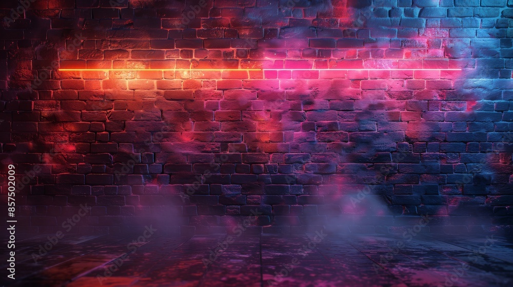 Fototapeta premium An artistic shot featuring an empty brick wall illuminated by a single horizontal neon light, creating a moody atmosphere that blends urban decay with subtle modern art elements.