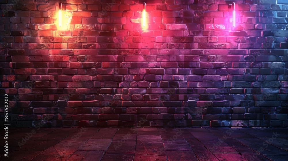 Fototapeta premium This image displays a brick wall adorned with three neon lights, casting a colorful and vibrant glow, creating an urban atmosphere infused with a modern artistic touch.