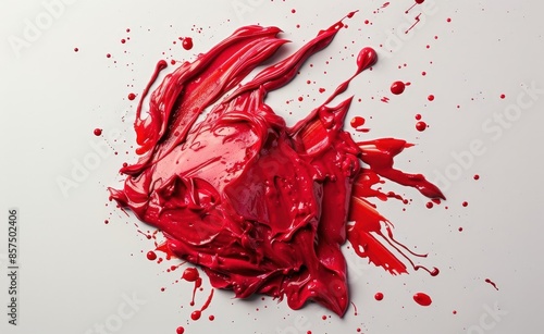 Vibrant Red Paint Splatter on White Background, Close-Up Photography