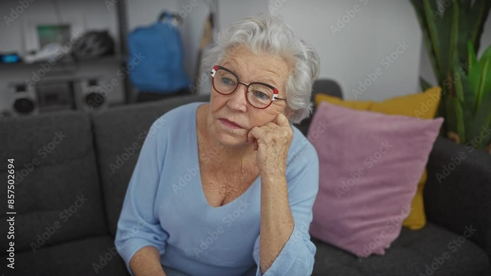 Pensive senior woman with glasses sitting on couch in a modern living room reflecting tranquility and contemplation. Pensive senior woman with glasses sitting on couch in a modern living room reflecting tranquility and contemplation.