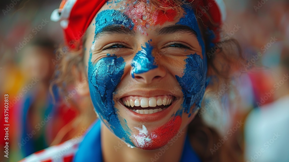 A cheerful woman with her face painted in blue and red colors smiles broadly, wearing a headband, symbolizing joy, celebration and unity at an event. A cheerful woman with her face painted in blue and red colors smiles broadly, wearing a headband, symbolizing joy, celebration and unity at an event.