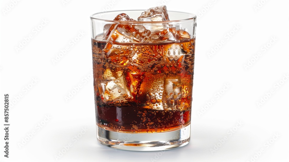 Refreshing glass of cola with ice cubes on white background. Perfect for beverage advertising. Photorealistic style showing detail and texture. Ideal for stock photo usage. AI Refreshing glass of cola with ice cubes on white background. Perfect for beverage advertising. Photorealistic style showing detail and texture. Ideal for stock photo usage. AI