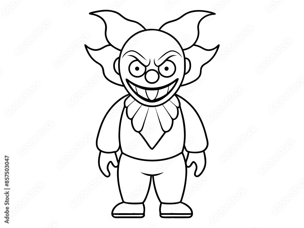 Black outline of evil clown with a creepy grin isolated on a white background. Concept of Halloween, circus performer, horror, spooky character. Print, art, design element, illustration Black outline of evil clown with a creepy grin isolated on a white background. Concept of Halloween, circus performer, horror, spooky character. Print, art, design element, illustration