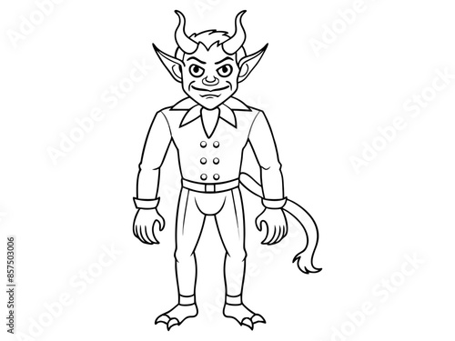 Black outline of devil character isolated on a white background. Concept of Halloween, fantasy creature, mythical demon, villainous imp, digital art. Print, illustration, design element