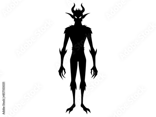 Black silhouette of devil character isolated on a white background. Concept of Halloween, fantasy creature, mythical demon, villainous imp, digital art. Print, illustration, design element