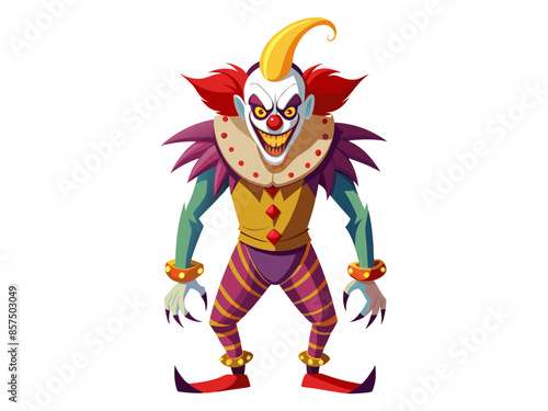 Colorful cartoon evil clown with a creepy grin isolated on a white background Concept of Halloween, circus performer, horror, spooky character. Print, art, design element, illustration.