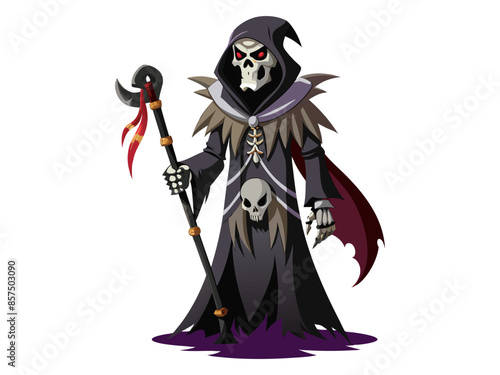 Grim Reaper isolated on a white background. Concept of death, spooky figure, minimalist style, Halloween. Print, digital art, illustration, design element