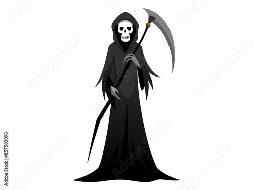 Black silhouette of the Grim Reaper isolated on a white background. Concept of death, spooky figure, minimalist style, Halloween. Print, digital art, illustration.