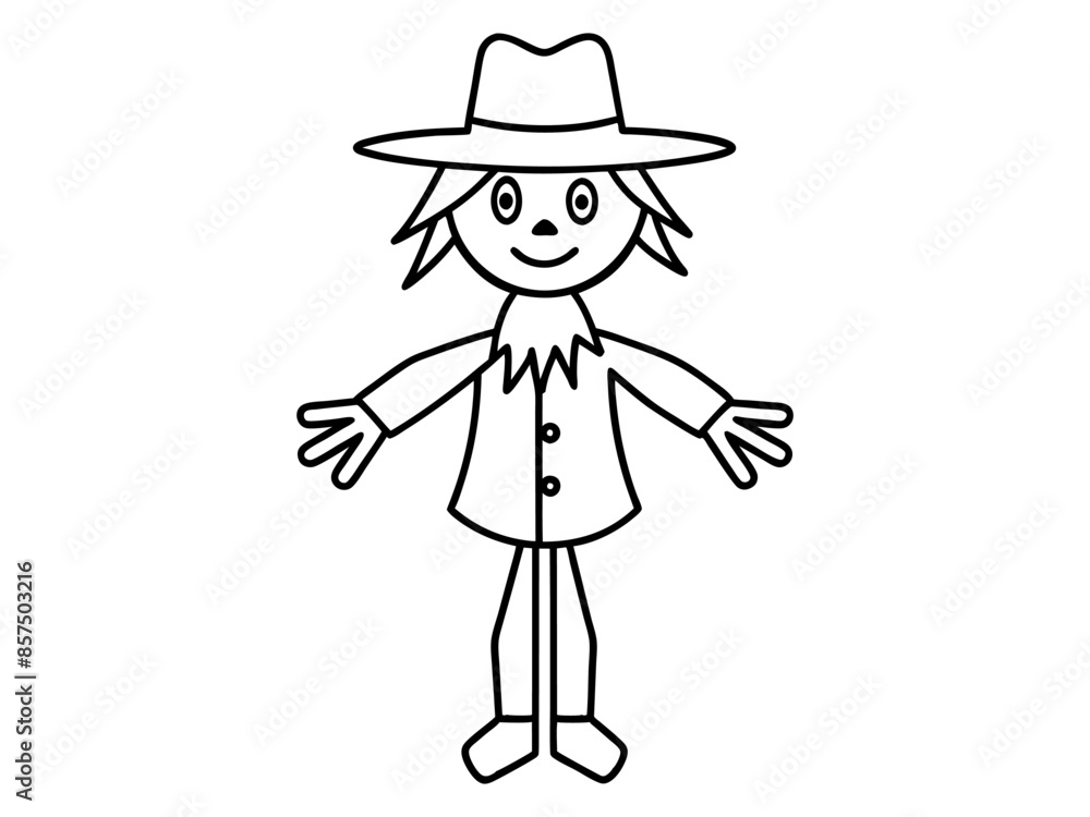 Black outline of cartoon scarecrow with witch hat and attire isolated on white background. Concept of Halloween, autumn, spooky character, farm decoration. Print, digital art, design element. Black outline of cartoon scarecrow with witch hat and attire isolated on white background. Concept of Halloween, autumn, spooky character, farm decoration. Print, digital art, design element.