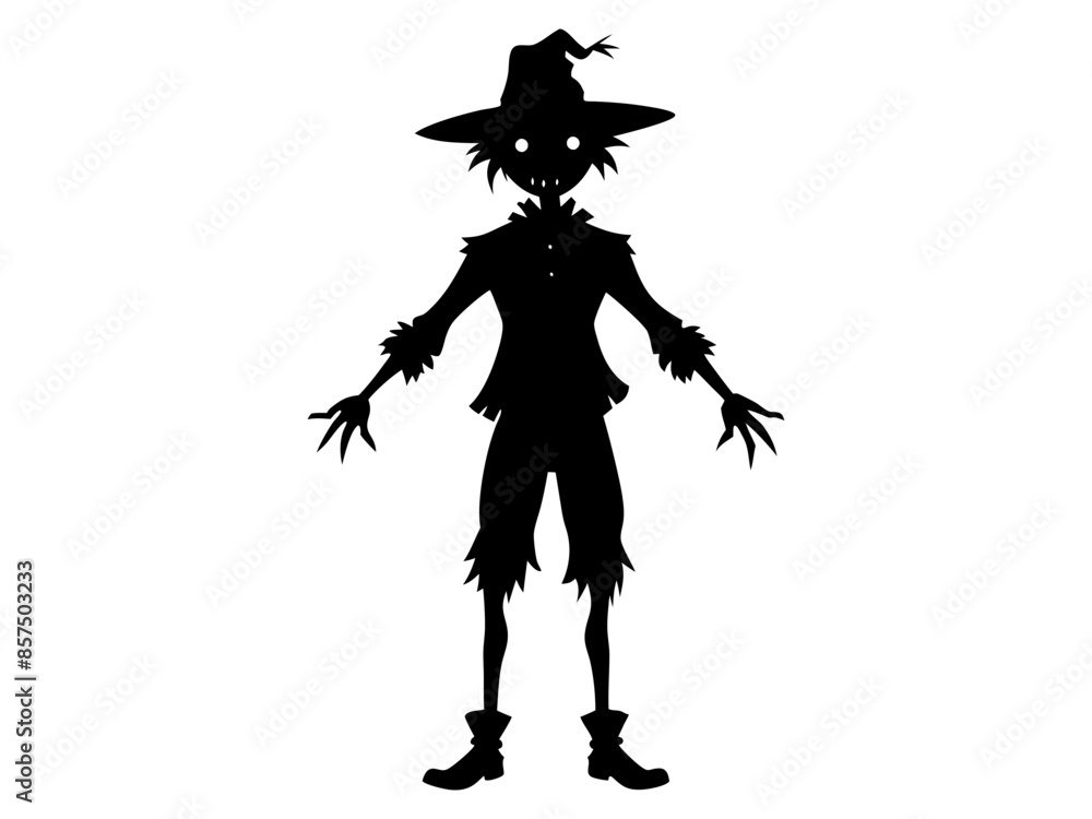 Black silhouette of cartoon scarecrow with witch hat and attire isolated on white background. Concept of Halloween, autumn, spooky character, farm decoration. Print, digital art, design element Black silhouette of cartoon scarecrow with witch hat and attire isolated on white background. Concept of Halloween, autumn, spooky character, farm decoration. Print, digital art, design element