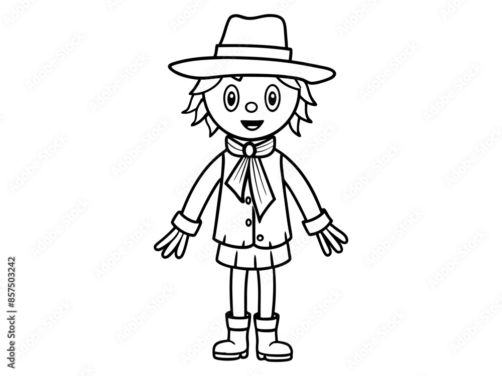 Black outline of cartoon scarecrow with witch hat and attire isolated on white background. Concept of Halloween, autumn, spooky character, farm decoration. Print, digital art, design element. Black outline of cartoon scarecrow with witch hat and attire isolated on white background. Concept of Halloween, autumn, spooky character, farm decoration. Print, digital art, design element.
