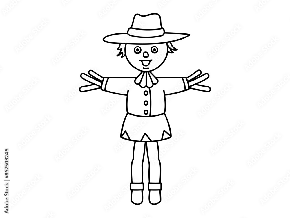 Black outline of cartoon scarecrow with witch hat and attire isolated on white background. Concept of Halloween, autumn, spooky character, farm decoration. Print, digital art, design element. Black outline of cartoon scarecrow with witch hat and attire isolated on white background. Concept of Halloween, autumn, spooky character, farm decoration. Print, digital art, design element.