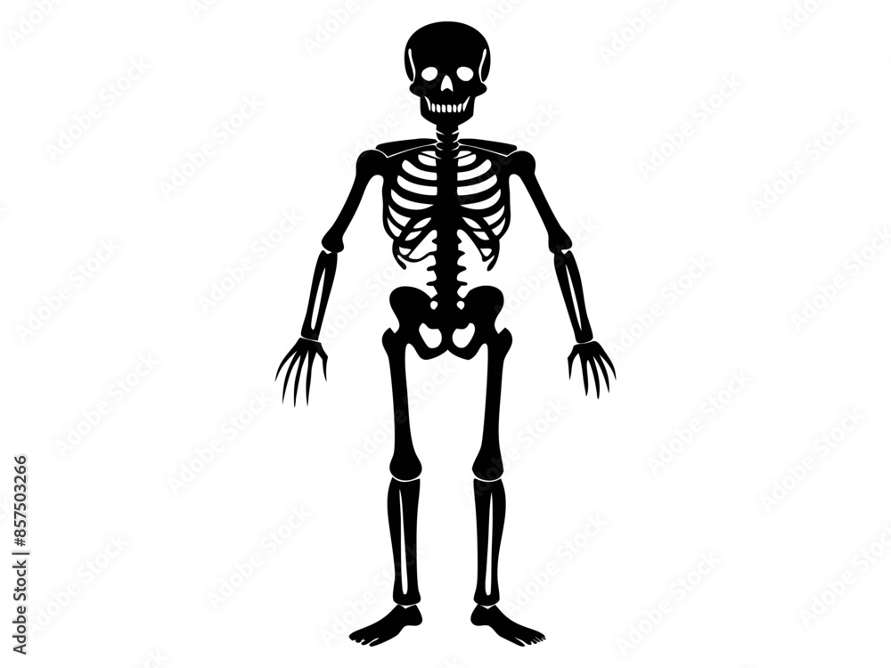 Black silhouette of a human skeleton isolated on a white background. Concept of Halloween, anatomy illustration, bone structure, spooky illustration. Print, icon, design element. Black silhouette of a human skeleton isolated on a white background. Concept of Halloween, anatomy illustration, bone structure, spooky illustration. Print, icon, design element.