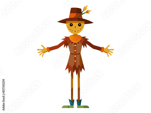 Cartoon scarecrow with a witch hat and colorful attire isolated on a white background. Concept of Halloween, autumn, spooky character, farm decoration. Print, digital art, design element.