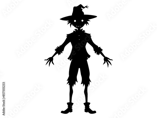 Black silhouette of cartoon scarecrow with witch hat and attire isolated on white background. Concept of Halloween, autumn, spooky character, farm decoration. Print, digital art, design element