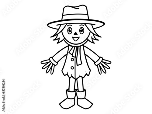 Black outline of cartoon scarecrow with witch hat and attire isolated on white background. Concept of Halloween, autumn, spooky character, farm decoration. Print, digital art, design element.