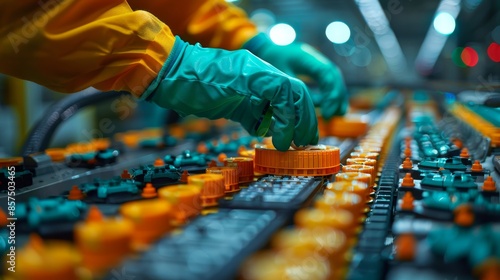 A detailed view of a worker's hand wearing green gloves, adjusting intricate components on a factory production line, highlighting the intricacies of industrial manufacturing.