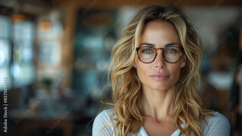 An elegant woman with glasses stands confidently in a warm, cozy modern setting, her calm and graceful demeanor harmonizing with the inviting atmosphere. An elegant woman with glasses stands confidently in a warm, cozy modern setting, her calm and graceful demeanor harmonizing with the inviting atmosphere.