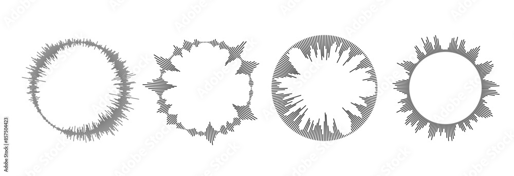 Radial sound wave pattern set. Circular audio, music or voice icon collection. Round equalizer spectrum symbol pack. Circle sun burst bundle. Vector black wavy soundwave center elements Radial sound wave pattern set. Circular audio, music or voice icon collection. Round equalizer spectrum symbol pack. Circle sun burst bundle. Vector black wavy soundwave center elements
