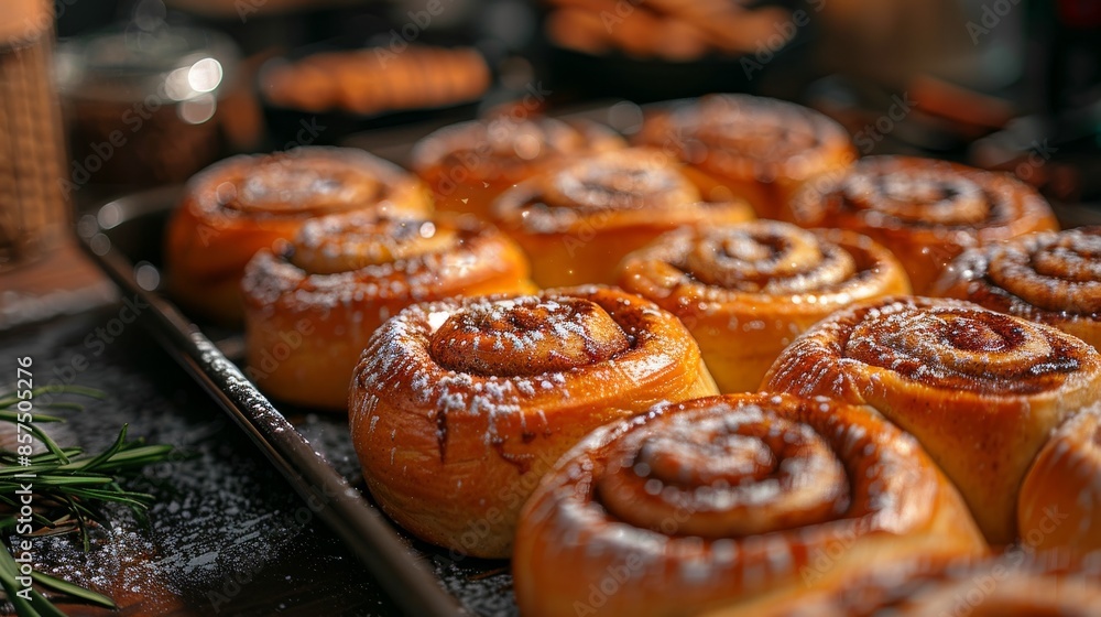 A tray of freshly baked cinnamon rolls sprinkled lightly with powdered sugar, placed in a cozy kitchen setting, ready to be enjoyed as a delicious treat. A tray of freshly baked cinnamon rolls sprinkled lightly with powdered sugar, placed in a cozy kitchen setting, ready to be enjoyed as a delicious treat.