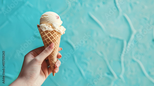 A woman's hand holds an ice cream cone with a blue background.