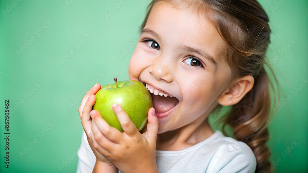 A young girl is holding and biting a green apple and smiling A young girl is holding and biting a green apple and smiling