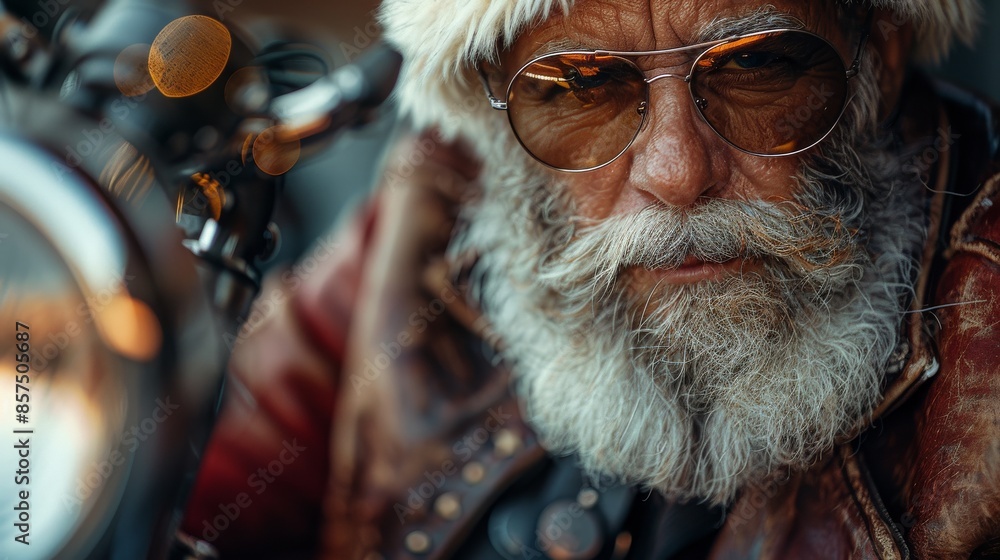 An elderly man with a rugged, wise appearance dons aviator glasses and a fur-lined leather jacket, sitting on a classic motorcycle, depicting rebellious spirit and nostalgia. An elderly man with a rugged, wise appearance dons aviator glasses and a fur-lined leather jacket, sitting on a classic motorcycle, depicting rebellious spirit and nostalgia.