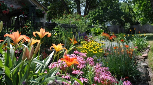 The green lawn emphasizes the full bloom of flowers in the mixborder. Diverse floral spectrum of tulips, daffodils, hyacinths. Beautiful well-kept spring garden photo