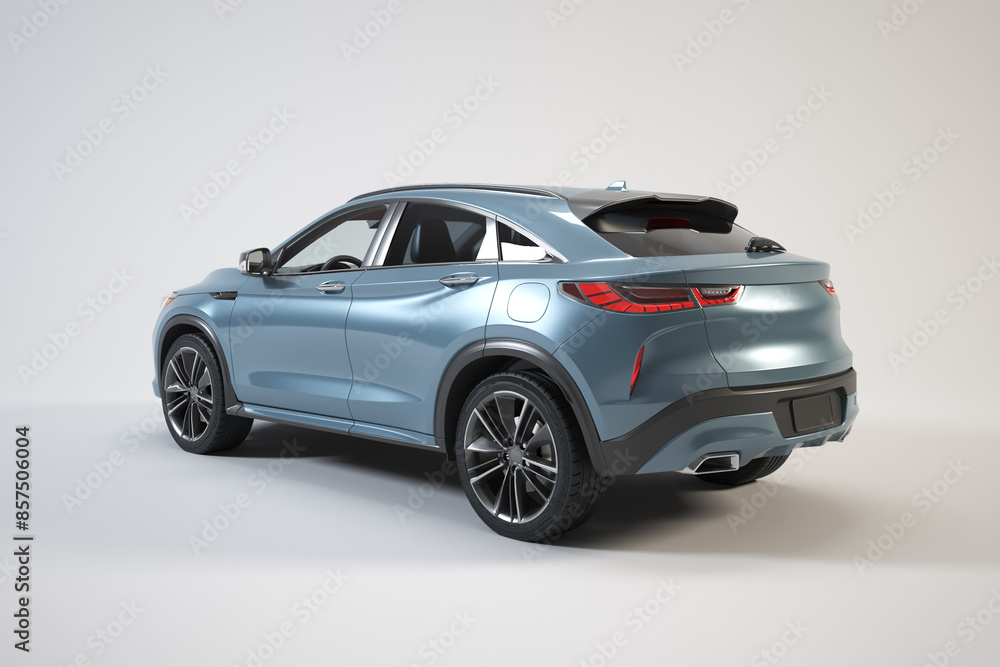 Left rear view of blue car SUV on white background, 3D rendered high quality image. Left rear view of blue car SUV on white background, 3D rendered high quality image.