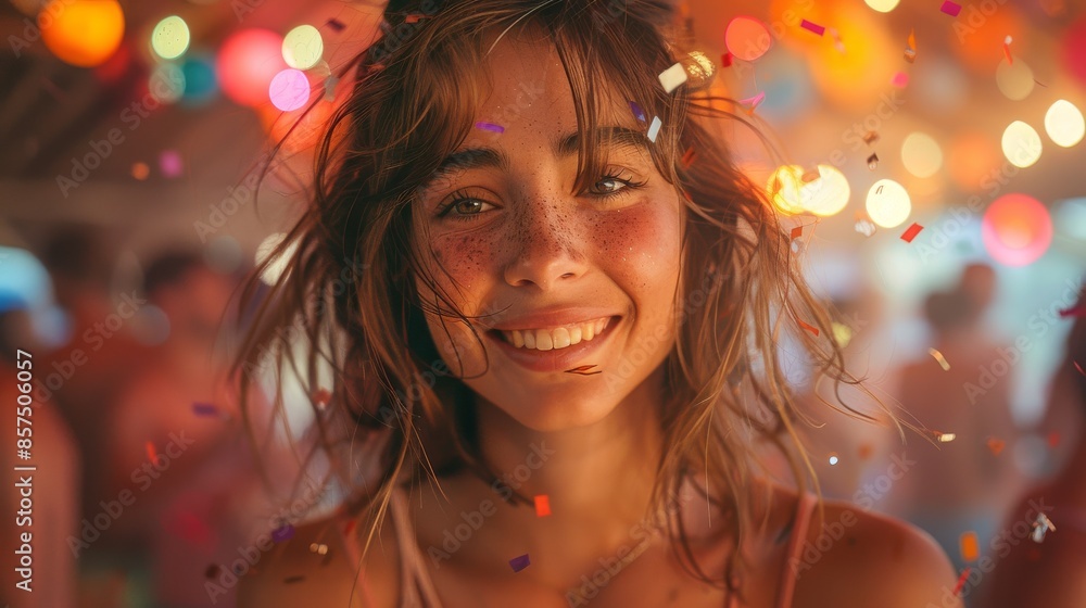 A woman with freckles and a beaming smile is surrounded by playful, colorful lights, creating a joyous and lively atmosphere filled with excitement and fun. A woman with freckles and a beaming smile is surrounded by playful, colorful lights, creating a joyous and lively atmosphere filled with excitement and fun.