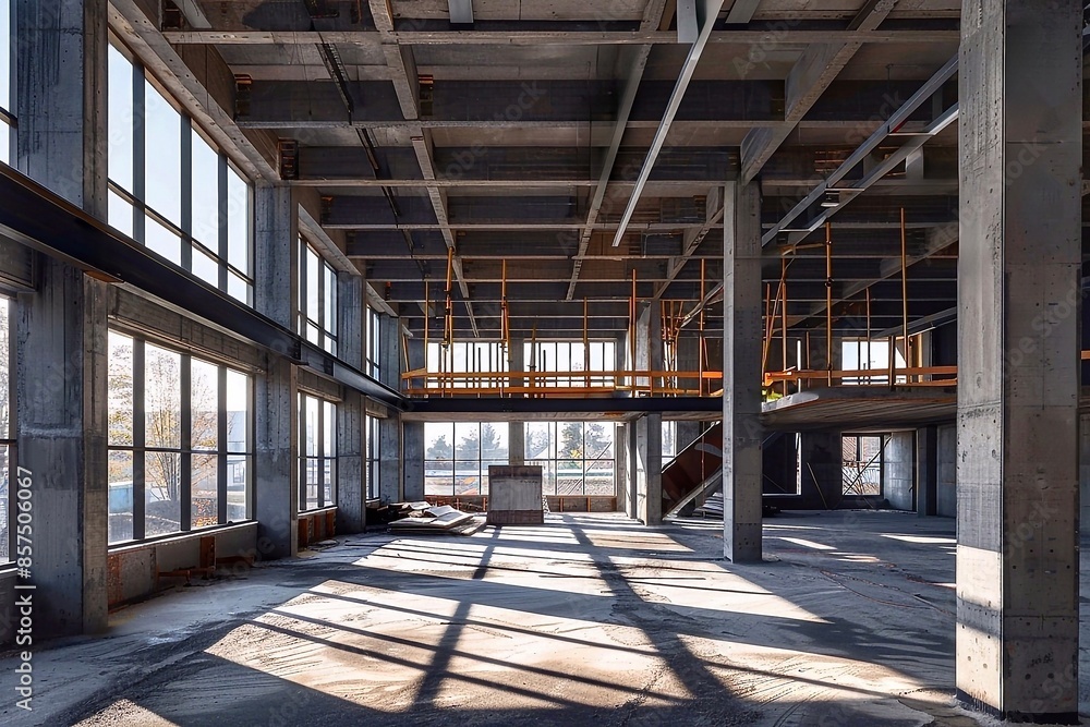 Large empty warehouse building with concrete pillars and lots of windows. Large empty warehouse building with concrete pillars and lots of windows.