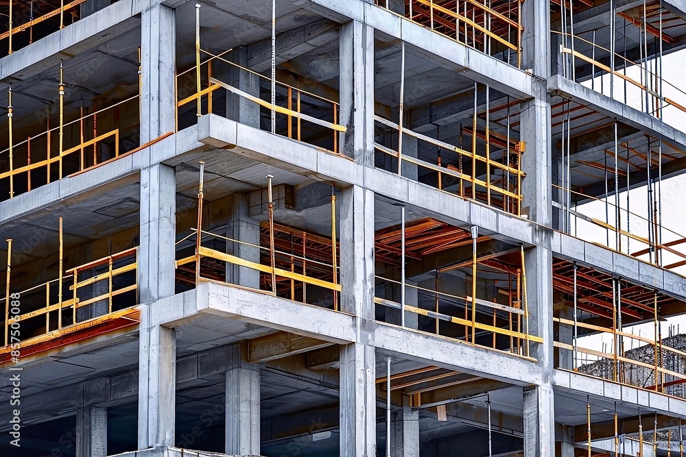 Large building under construction with yellow scaffolding and concrete blocks Large building under construction with yellow scaffolding and concrete blocks