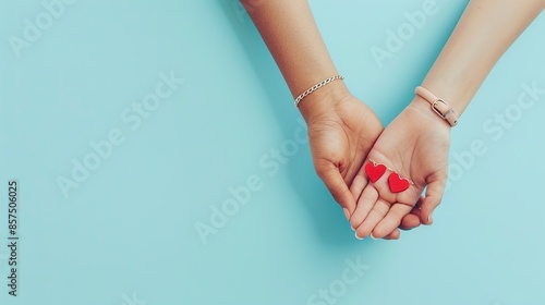 A_couple_holding_hands_with_matching_heart_bracelets_on_a_pastel_color_background photo