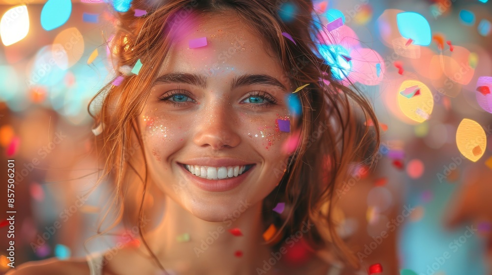Naklejka premium A cheerful woman smiling brightly, her face sparingly covered with glitter, surrounded by a cascade of colorful confetti, against a backdrop of bright festive lights.