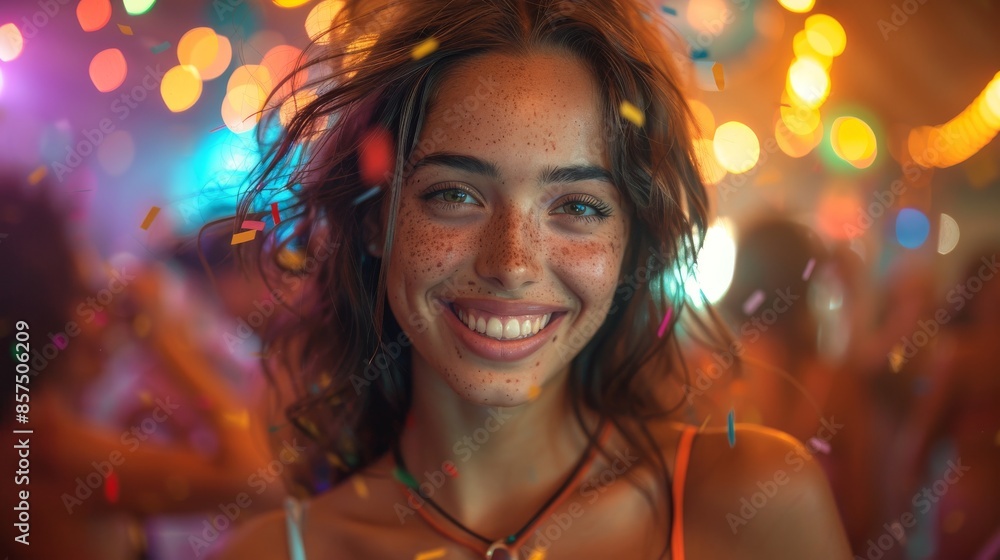 A young woman with freckles, warmly smiling, surrounded by floating confetti and colorful lights, creating a vibrant and energetic atmosphere full of joy and celebration. A young woman with freckles, warmly smiling, surrounded by floating confetti and colorful lights, creating a vibrant and energetic atmosphere full of joy and celebration.