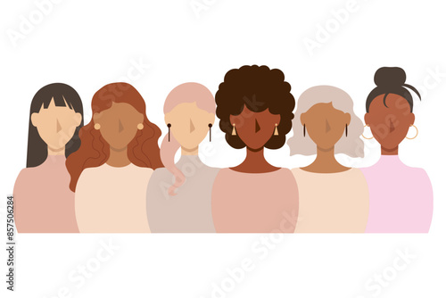 Set of women of different nationalities. Female vector character collection. Template with faceless portraits in flat style for banner. Skin and ethnic diversity