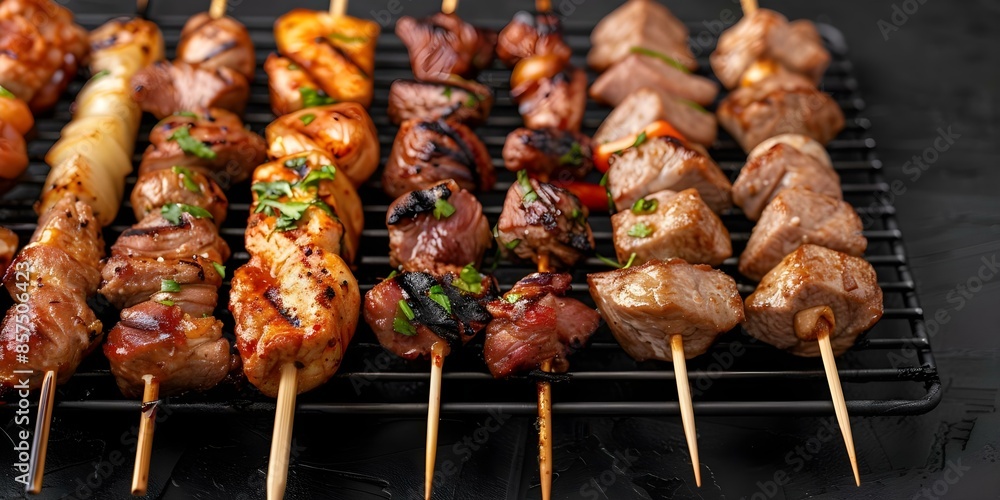 Variety of grilled yakitori skewers with succulent meats ready to be enjoyed. Concept Yakitori Skewers, Grilled Meats, Succulent Flavors, Japanese Cuisine, Delicious Grilling Variety of grilled yakitori skewers with succulent meats ready to be enjoyed. Concept Yakitori Skewers, Grilled Meats, Succulent Flavors, Japanese Cuisine, Delicious Grilling