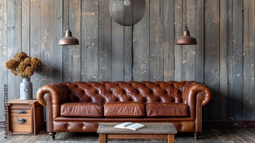 Fototapeta Naklejka Na Ścianę i Meble -  Old vintage living room interior with sofa. 3d rendering, wood table