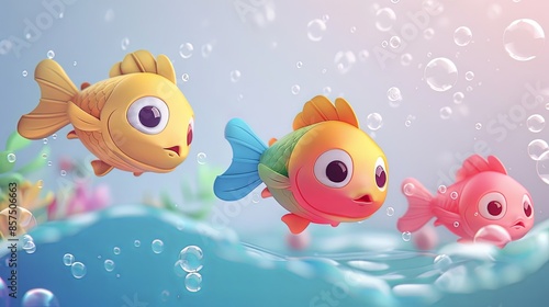 The image depicts three 3D modeled cartoon fish swimming with joyful expressions, set in a vibrant underwater environment filled with bubbles and coral.