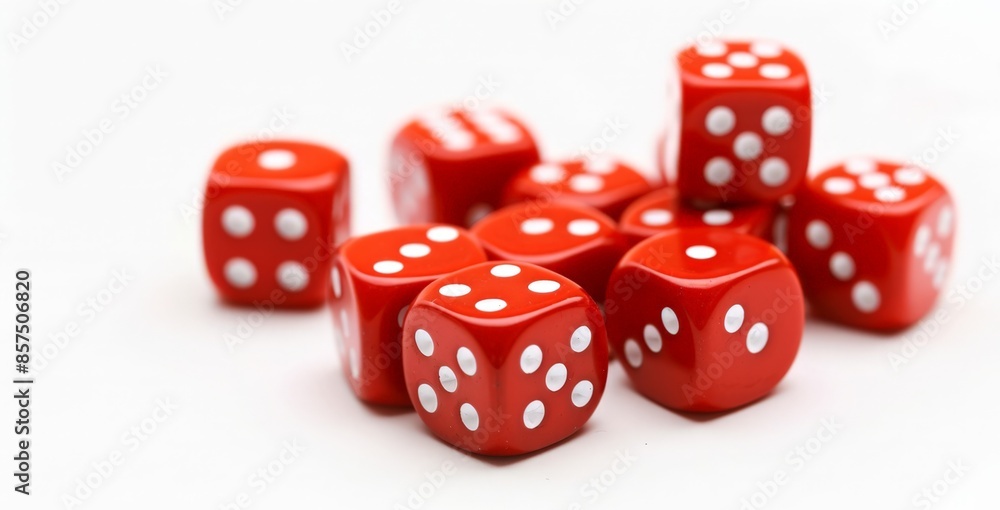 Casino-themed Dice Set with Red Pips against a White Background, 6 dice in focus, ready for a game of chance. Casino-themed Dice Set with Red Pips against a White Background, 6 dice in focus, ready for a game of chance.