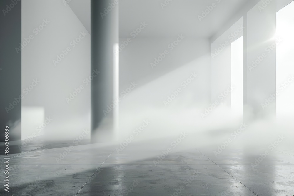 Modern Minimalist Architecture Interior Hallway with Artificial Fog Effect. Modern Minimalist Architecture Interior Hallway with Artificial Fog Effect.