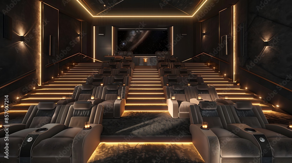 luxury home theater with tiered seating upholstered in plush velvet ...