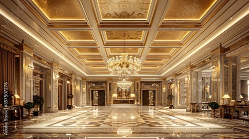 luxury hotel lobby with an intricate coffered ceiling, adorned with gold leaf and crystal chandeliers, providing a grand and opulent welcome to guests